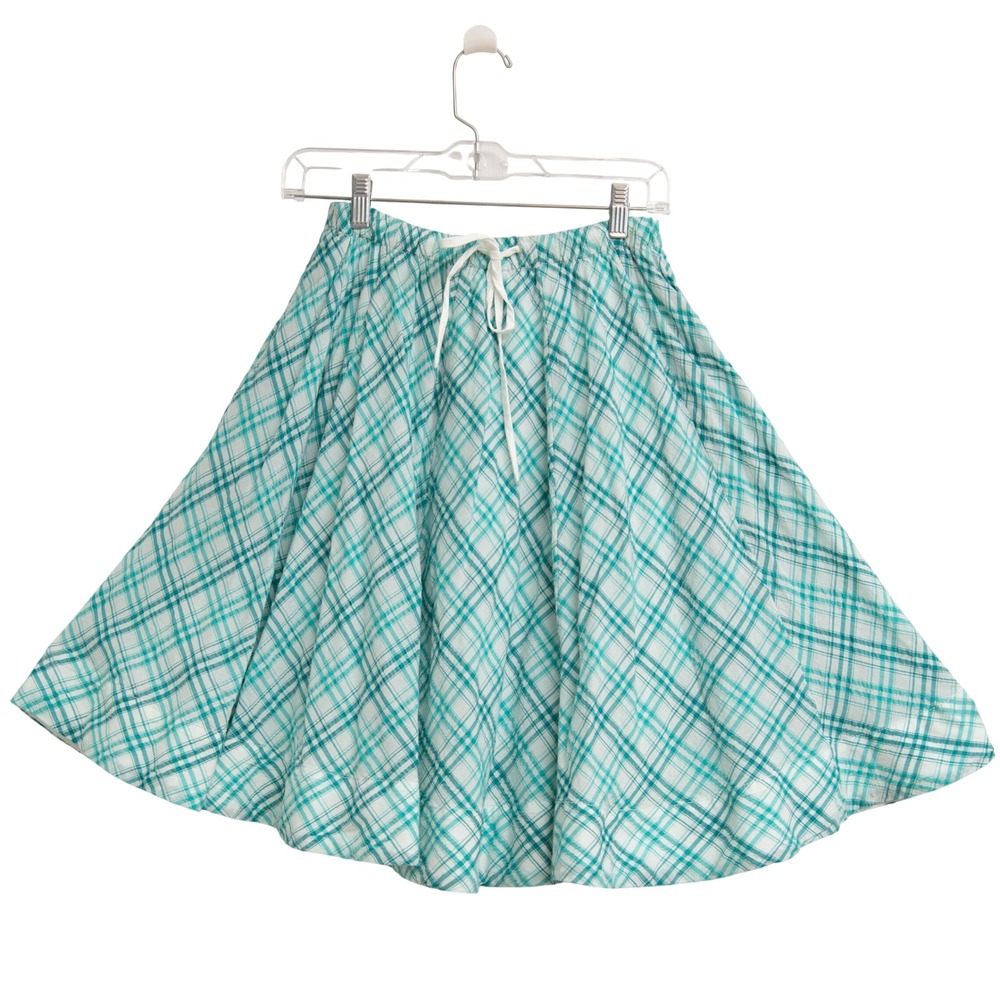Anthropologie Maeve Pleated Midi Skirt NWT Teal White Plaid CottageCore Picnic